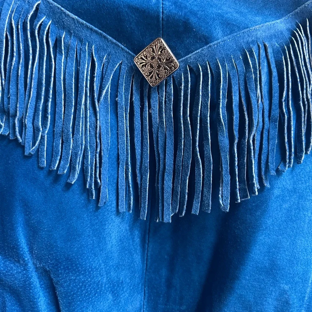 Vintage Blue Suede Fringe Cropped Jacket Western Boho Cowgirl M - Picture 4 of 9